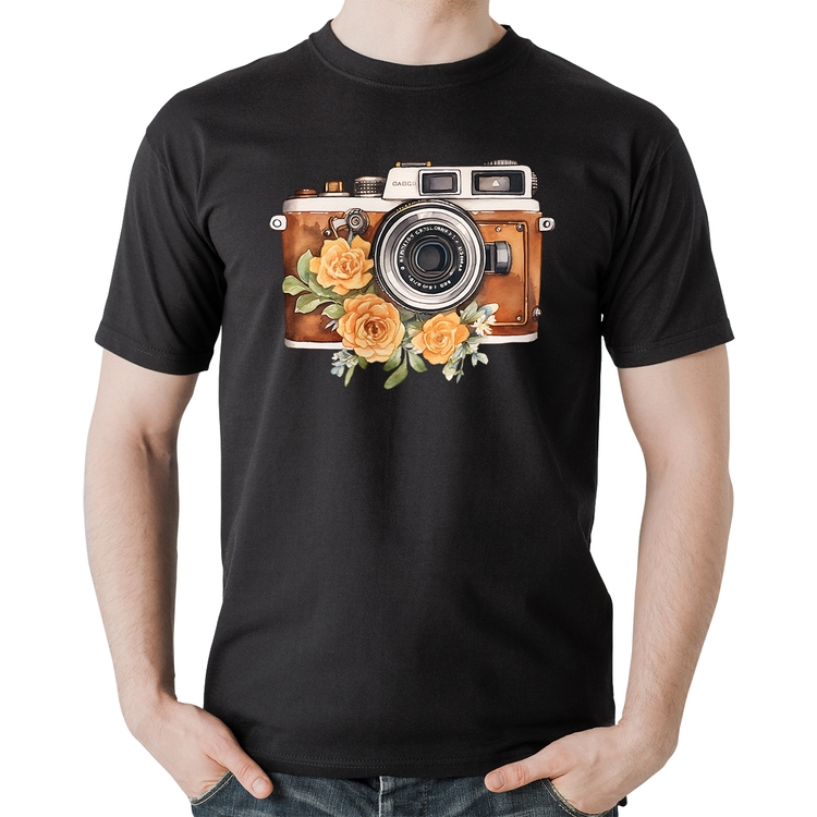 Camiseta Algodão Máquina Fotográfica Vintage e Flores