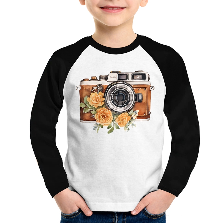 Camiseta Raglan Infantil Máquina Fotográfica Vintage e Flores Manga Longa