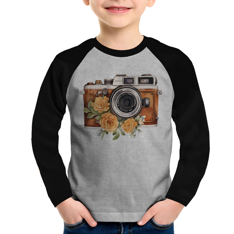Camiseta Raglan Infantil Máquina Fotográfica Vintage e Flores Manga Longa - Cinza/Preto