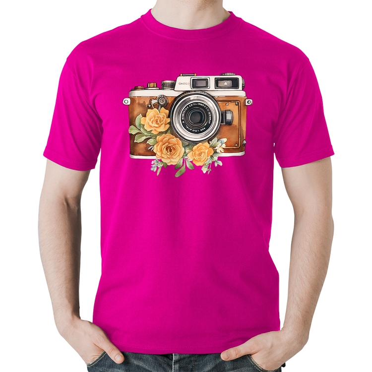 Camiseta Algodão Máquina Fotográfica Vintage e Flores - Rosa