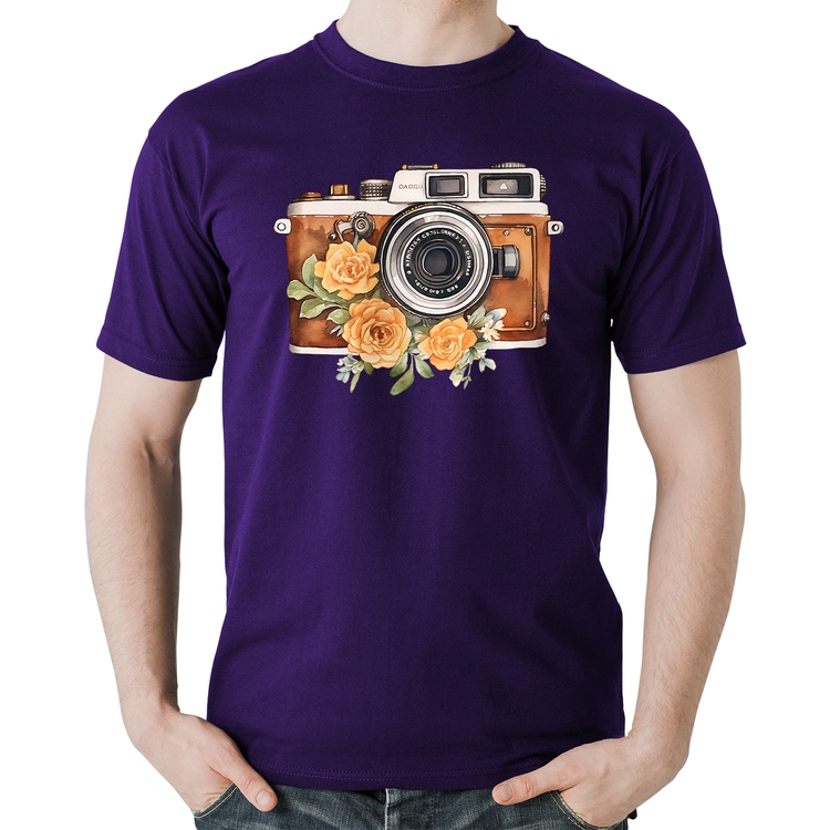 Camiseta Algodão Máquina Fotográfica Vintage e Flores - Roxa