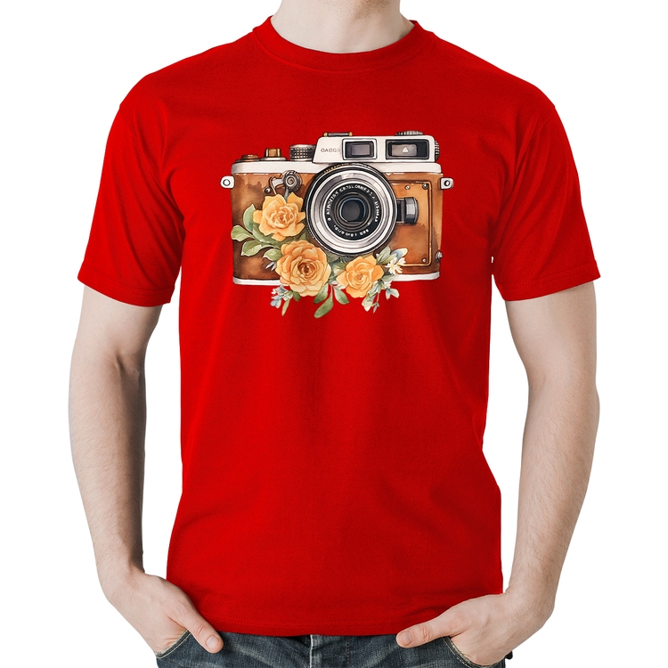 Camiseta Algodão Máquina Fotográfica Vintage e Flores - Vermelha