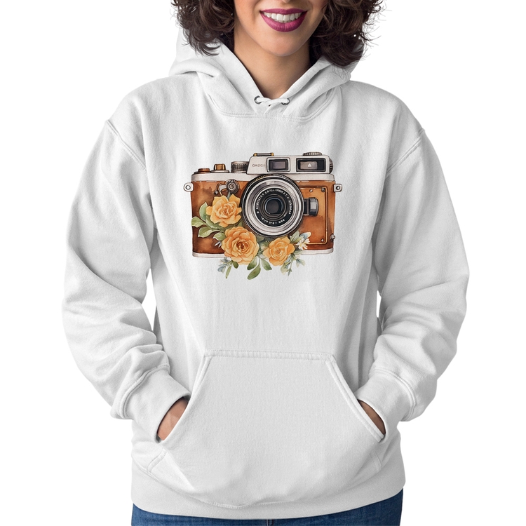 Moletom Feminino Máquina Fotográfica Vintage e Flores - Branco