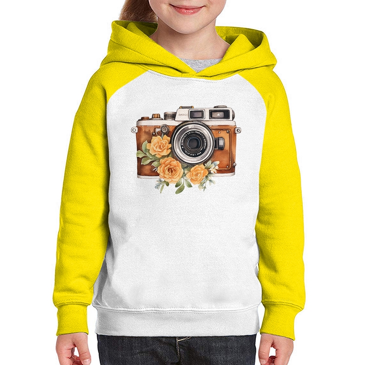 Moletom Infantil Máquina Fotográfica Vintage e Flores - Branco/Amarelo