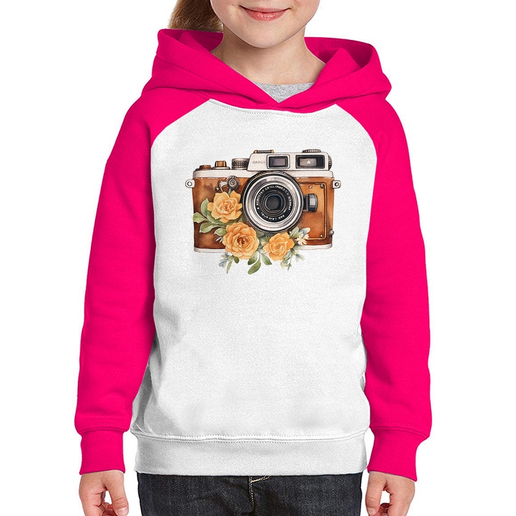 Moletom Infantil Máquina Fotográfica Vintage e Flores - Branco/Rosa