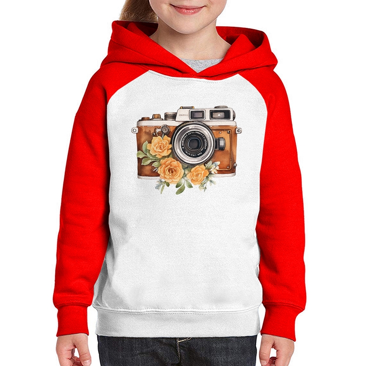 Moletom Infantil Máquina Fotográfica Vintage e Flores - Branco/Vermelho