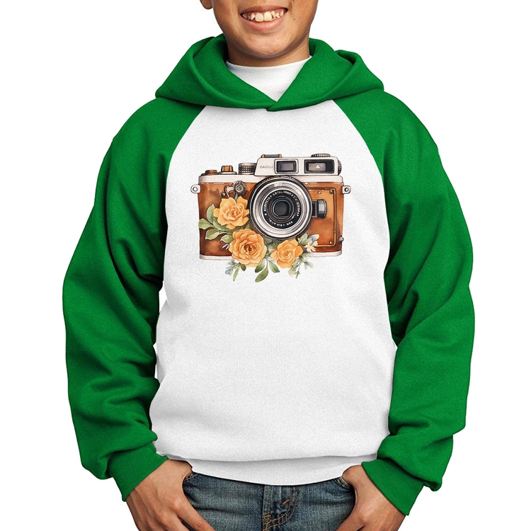 Moletom Infantil Máquina Fotográfica Vintage e Flores - Branco/Verde