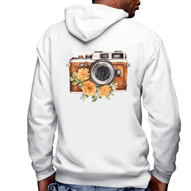 Blusa Moletom Máquina Fotográfica Vintage e Flores Masculina com Capuz e Zíper - Branca