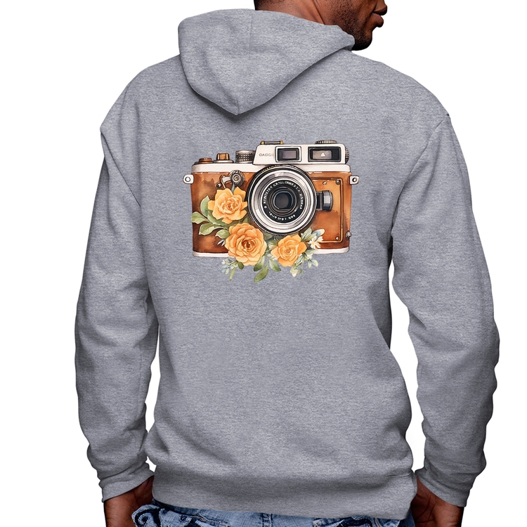 Blusa Moletom Máquina Fotográfica Vintage e Flores Masculina com Capuz e Zíper - Mescla