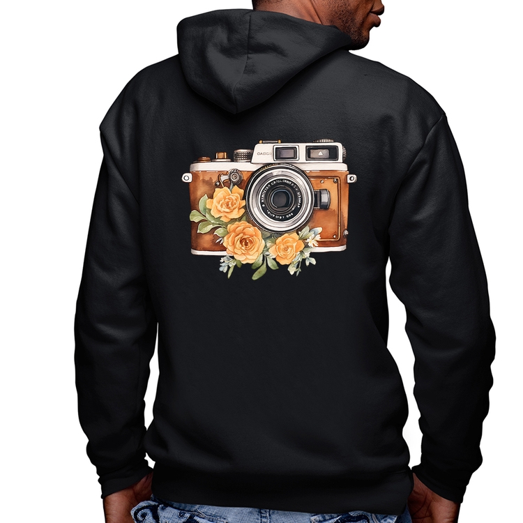 Blusa Moletom Máquina Fotográfica Vintage e Flores Masculina com Capuz e Zíper