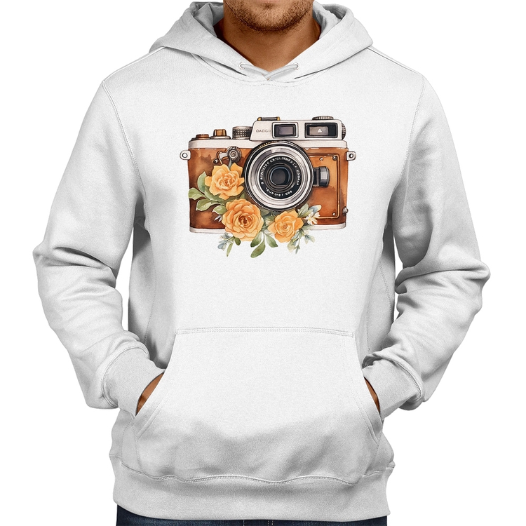 Moletom Máquina Fotográfica Vintage e Flores - Branco