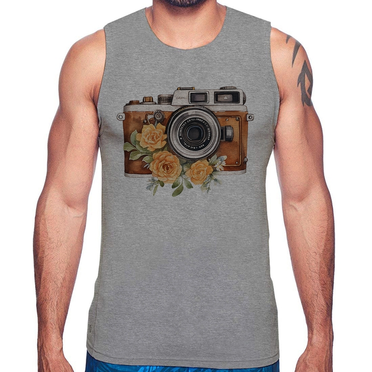 Regata Máquina Fotográfica Vintage e Flores - Cinza