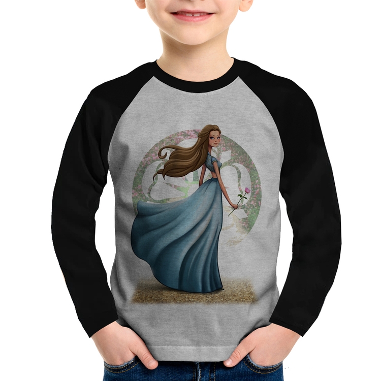 Camiseta Raglan Infantil Margaery Tyrell Art Manga Longa - Cinza/Preto