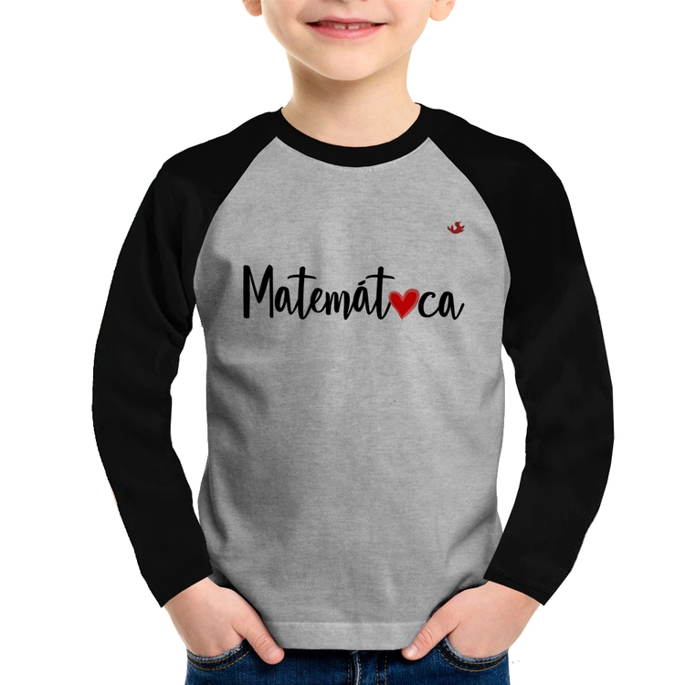 Camiseta Raglan Infantil Matemática por amor Manga Longa - Cinza/Preto