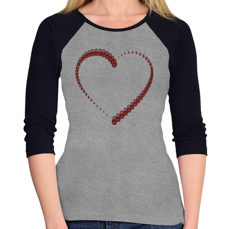 Baby Look Raglan Matrioska Coração Manga 3/4 - Cinza/Preto