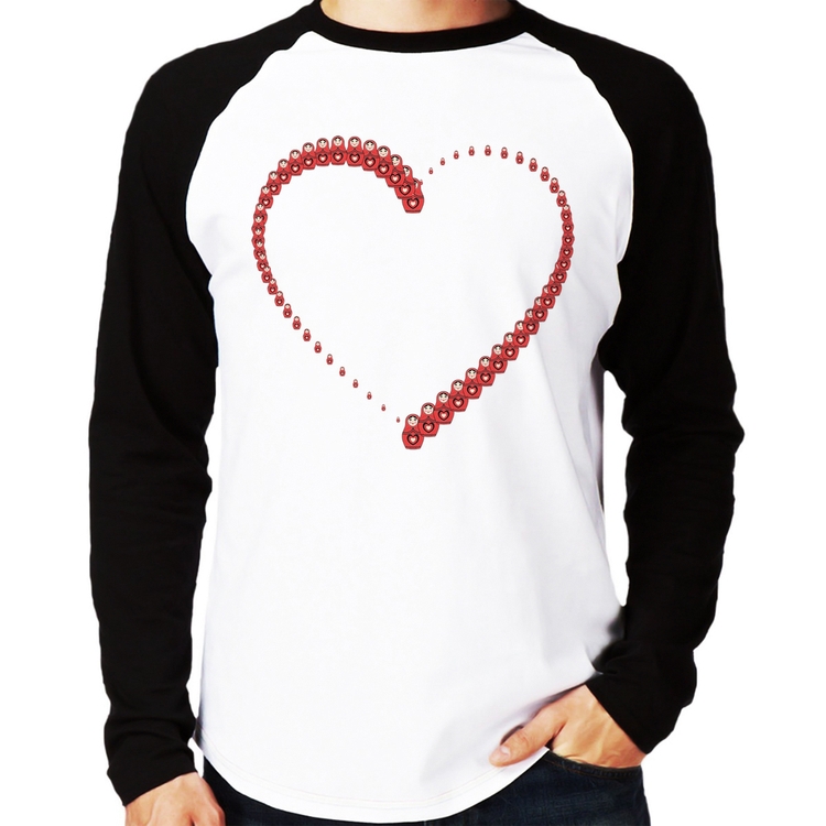 Camiseta Raglan Matrioska Coração Manga Longa