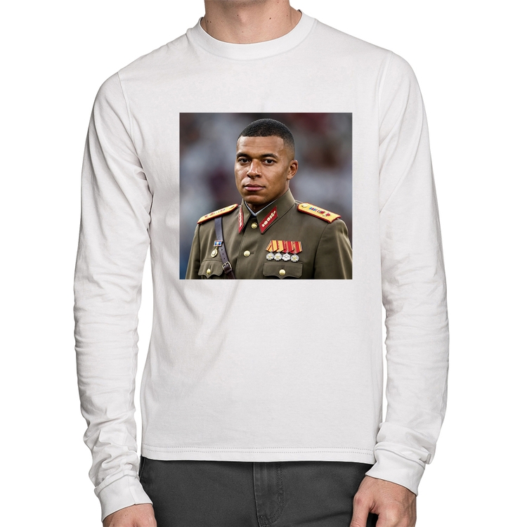 Camiseta Algodão Mbappé Meme Ditador Manga Longa - Branca