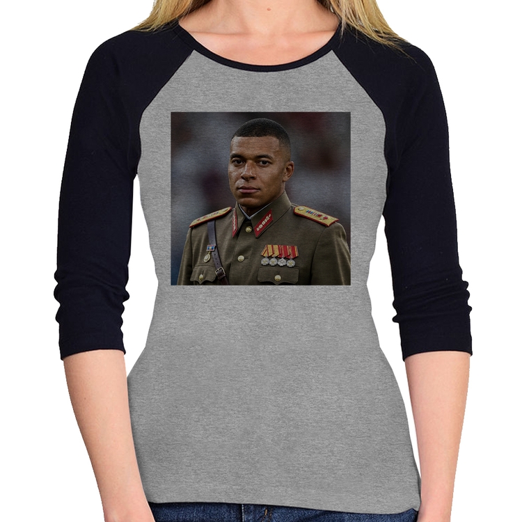 Baby Look Raglan Mbappé Meme Ditador Manga 3/4 - Cinza/Preto