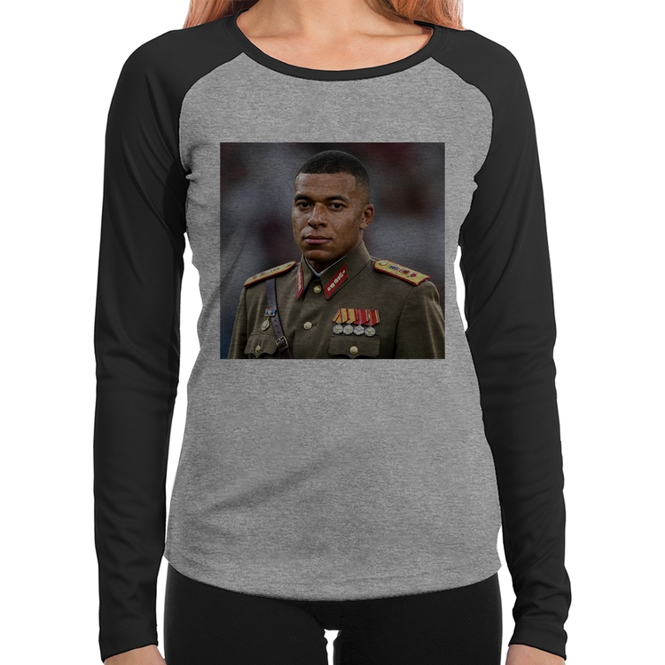 Baby Look Raglan Mbappé Meme Ditador Manga Longa - Cinza/Preto
