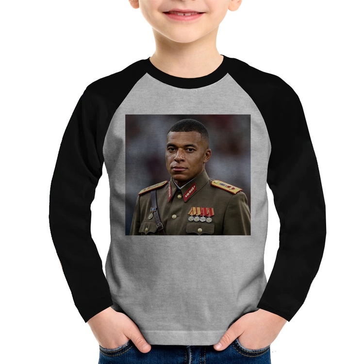 Camiseta Raglan Infantil Mbappé Meme Ditador Manga Longa - Cinza/Preto