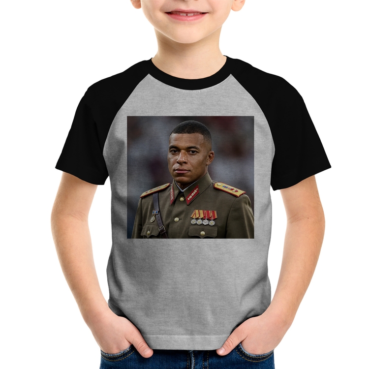 Camiseta Raglan Infantil Mbappé Meme Ditador - Cinza/Preto