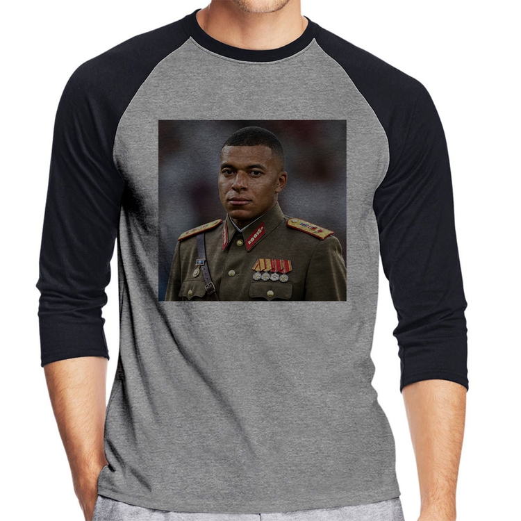 Camiseta Raglan Mbappé Meme Ditador Manga 3/4 - Cinza/Preto