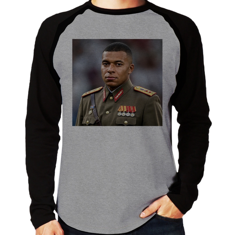Camiseta Raglan Mbappé Meme Ditador Manga Longa - Cinza/Preto