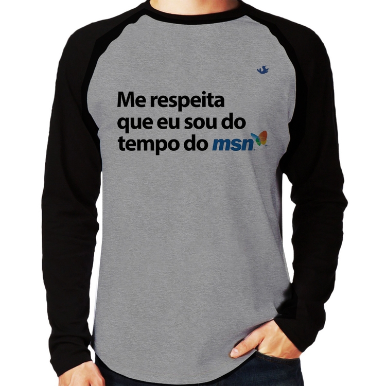 Camiseta Raglan Me respeita que eu sou da época do msn Manga Longa - Cinza/Preto