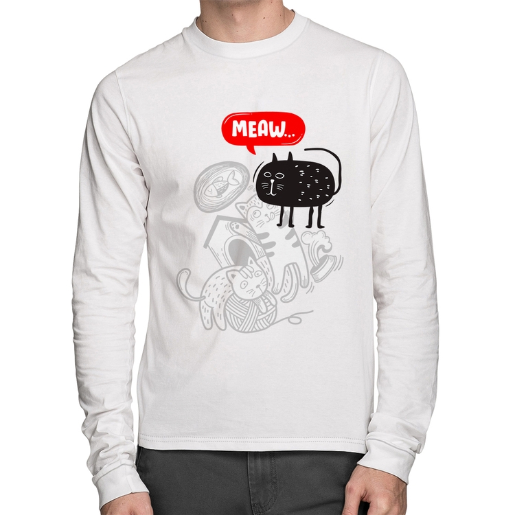 Camiseta Algodão Meaw Manga Longa - Branca