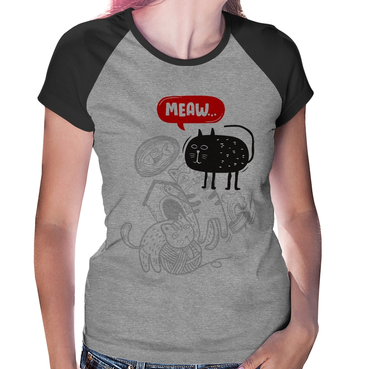 Baby Look Raglan Meaw - Cinza/Preto