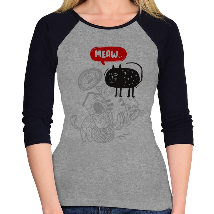 Baby Look Raglan Meaw Manga 3/4 - Cinza/Preto