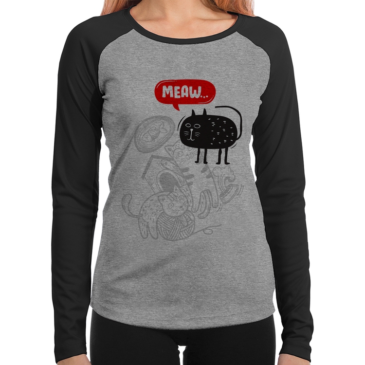 Baby Look Raglan Meaw Manga Longa - Cinza/Preto