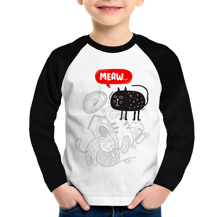 Camiseta Raglan Infantil Meaw Manga Longa