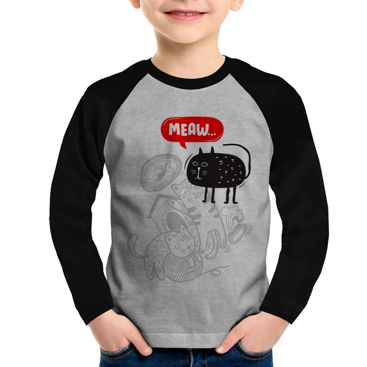 Camiseta Raglan Infantil Meaw Manga Longa - Cinza/Preto