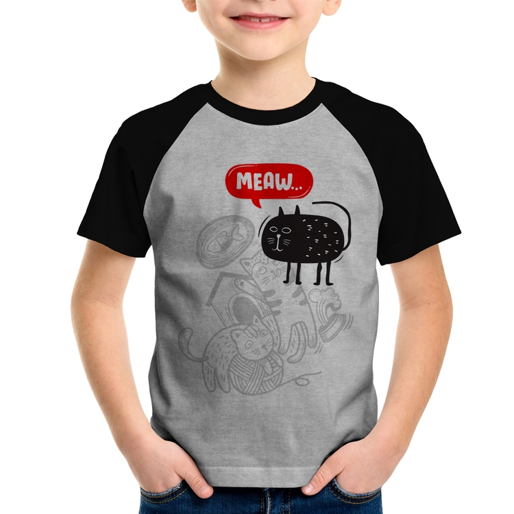 Camiseta Raglan Infantil Meaw - Cinza/Preto