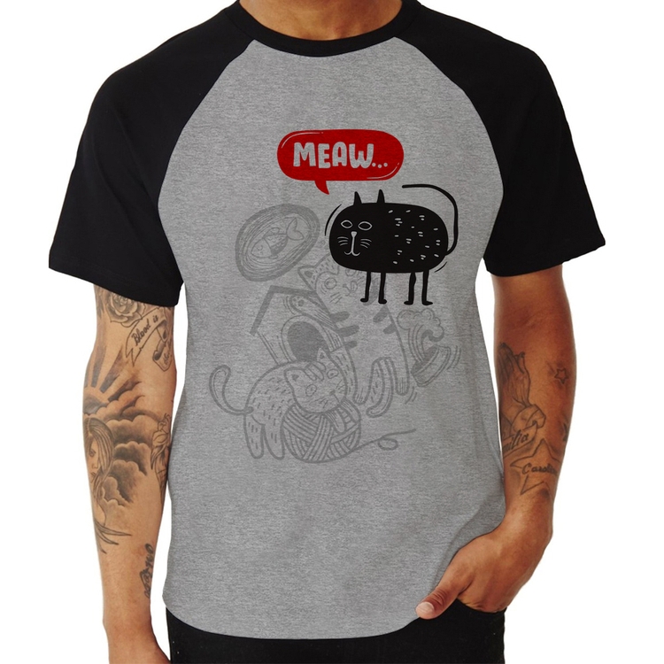 Camiseta Raglan Meaw - Cinza/Preto