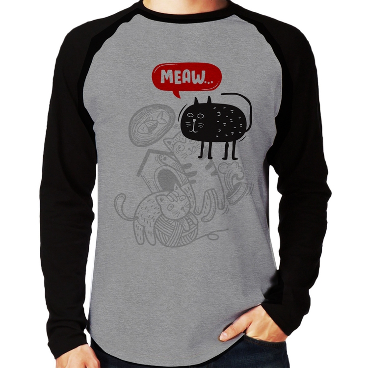 Camiseta Raglan Meaw Manga Longa - Cinza/Preto