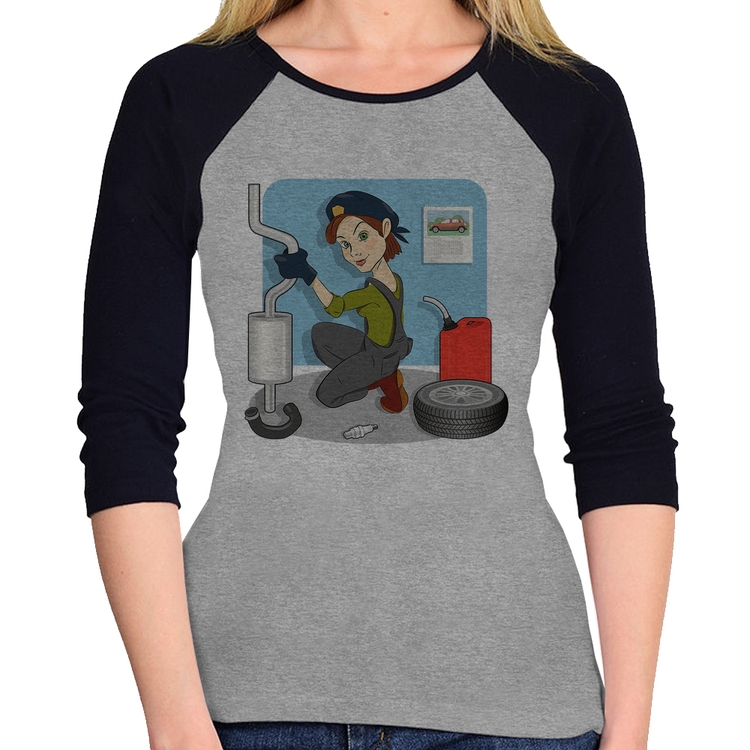 Baby Look Raglan Mecânica Manga 3/4 - Cinza/Preto