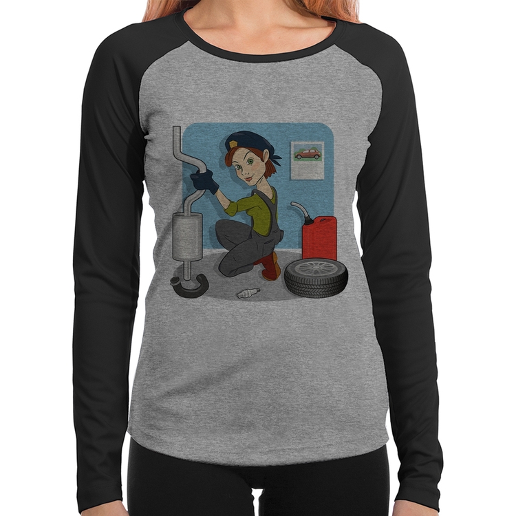 Baby Look Raglan Mecânica Manga Longa - Cinza/Preto