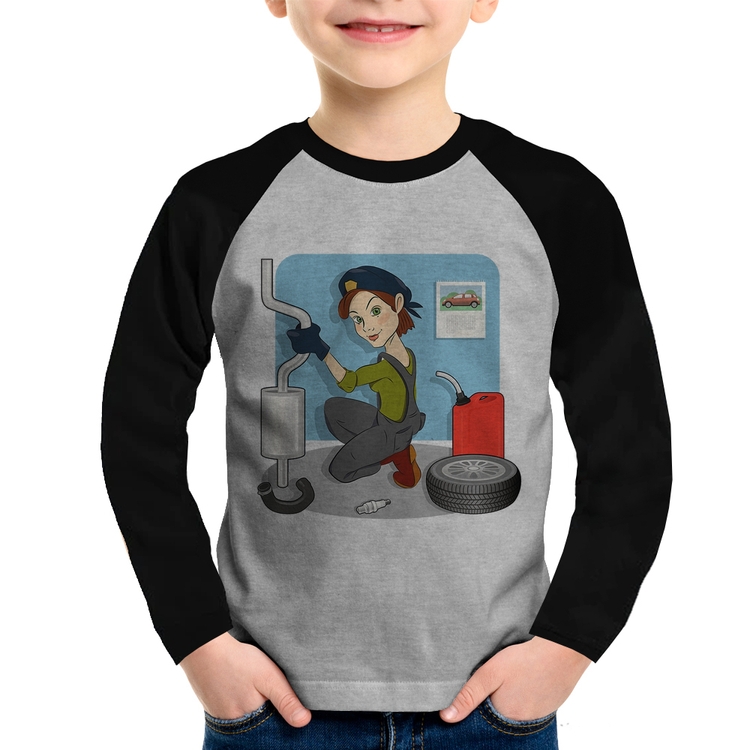 Camiseta Raglan Infantil Mecânica Manga Longa - Cinza/Preto