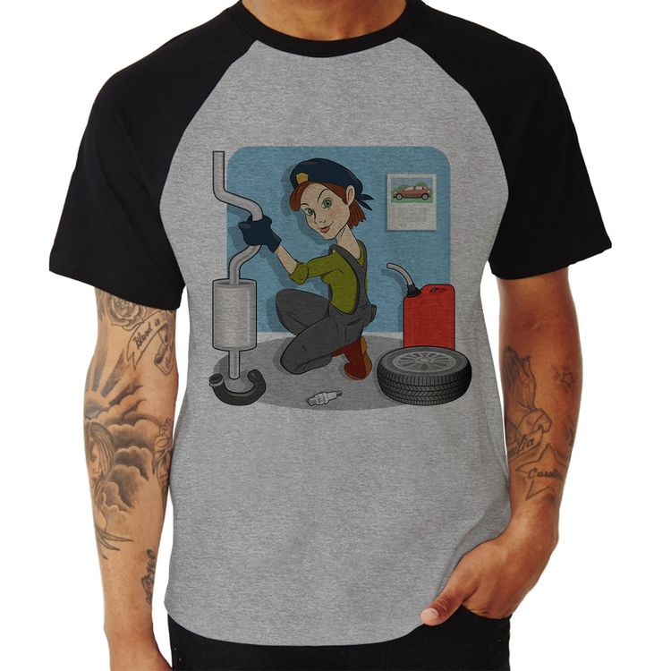 Camiseta Raglan Mecânica - Cinza/Preto