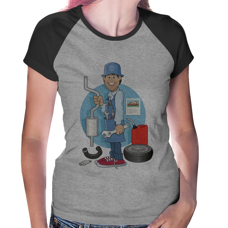 Baby Look Raglan Mecânico - Cinza/Preto