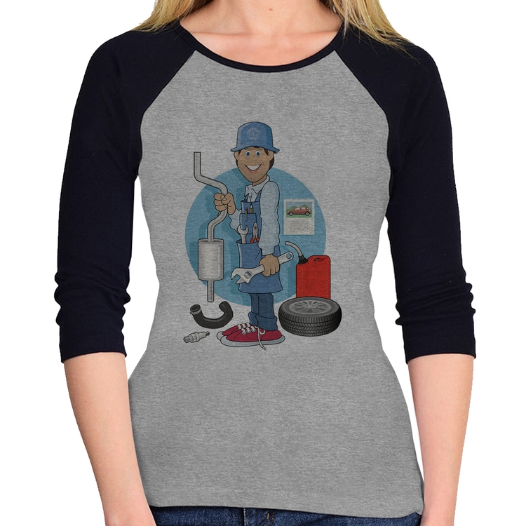 Baby Look Raglan Mecânico Manga 3/4 - Cinza/Preto