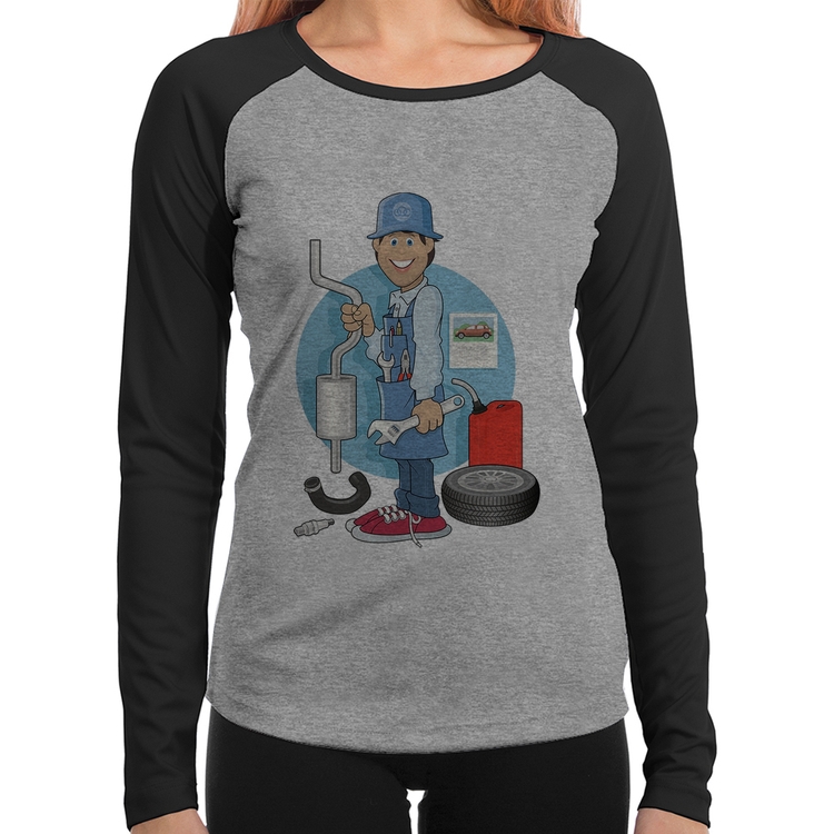 Baby Look Raglan Mecânico Manga Longa - Cinza/Preto