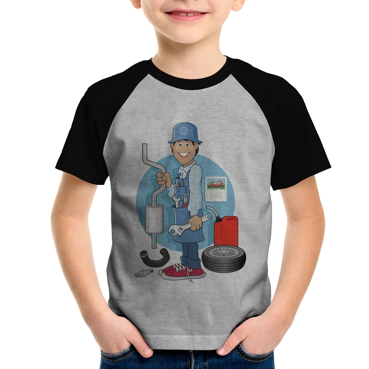Camiseta Raglan Infantil Mecânico - Cinza/Preto