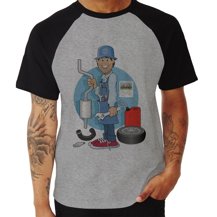 Camiseta Raglan Mecânico - Cinza/Preto