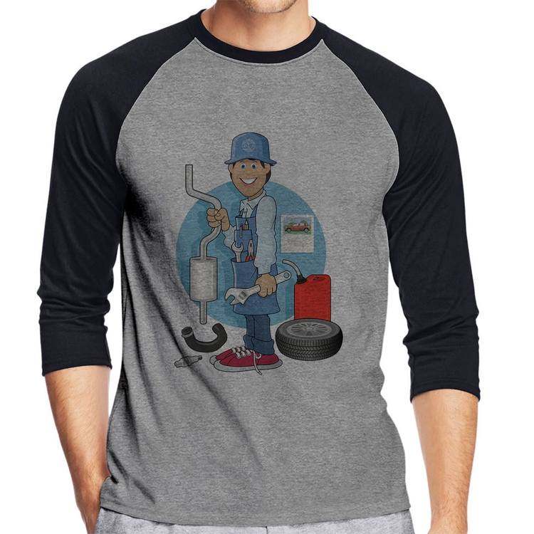 Camiseta Raglan Mecânico Manga 3/4 - Cinza/Preto