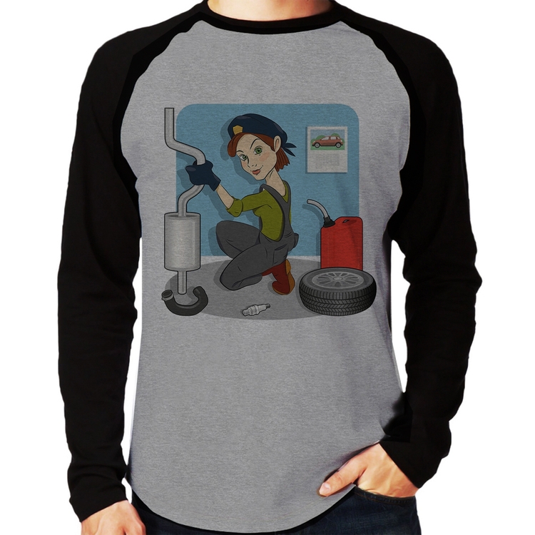 Camiseta Raglan Mecânica Manga Longa - Cinza/Preto