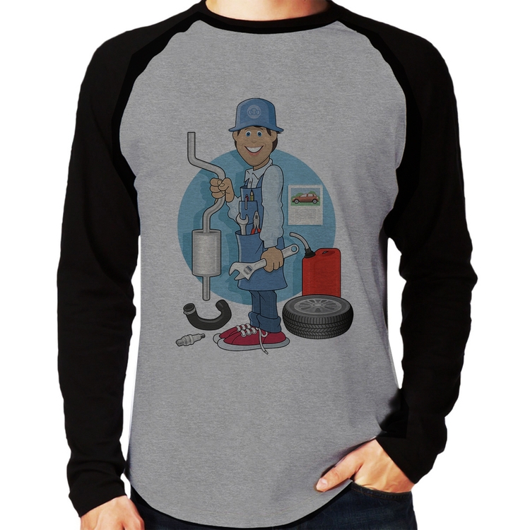 Camiseta Raglan Mecânico Manga Longa - Cinza/Preto