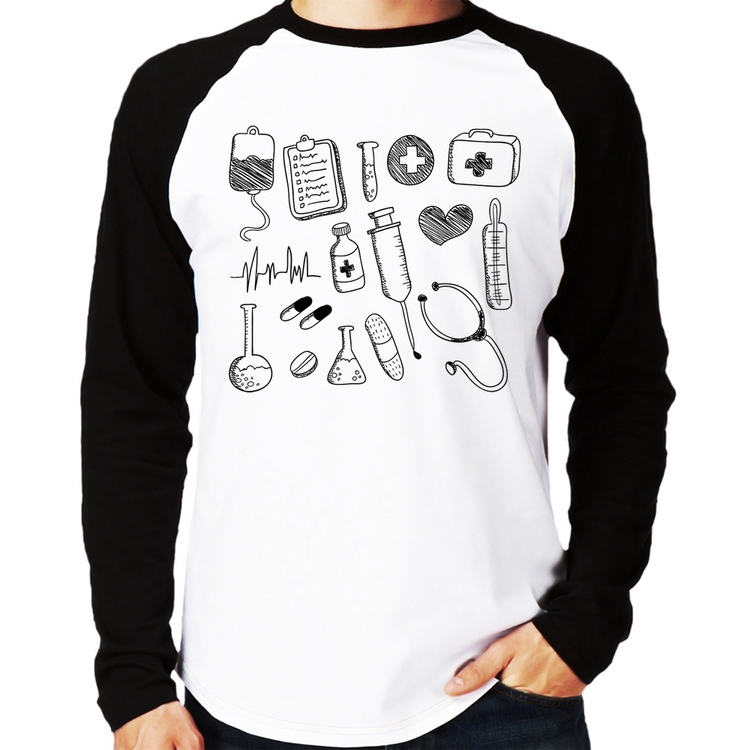 Camiseta Raglan Medicina Elementos Manga Longa